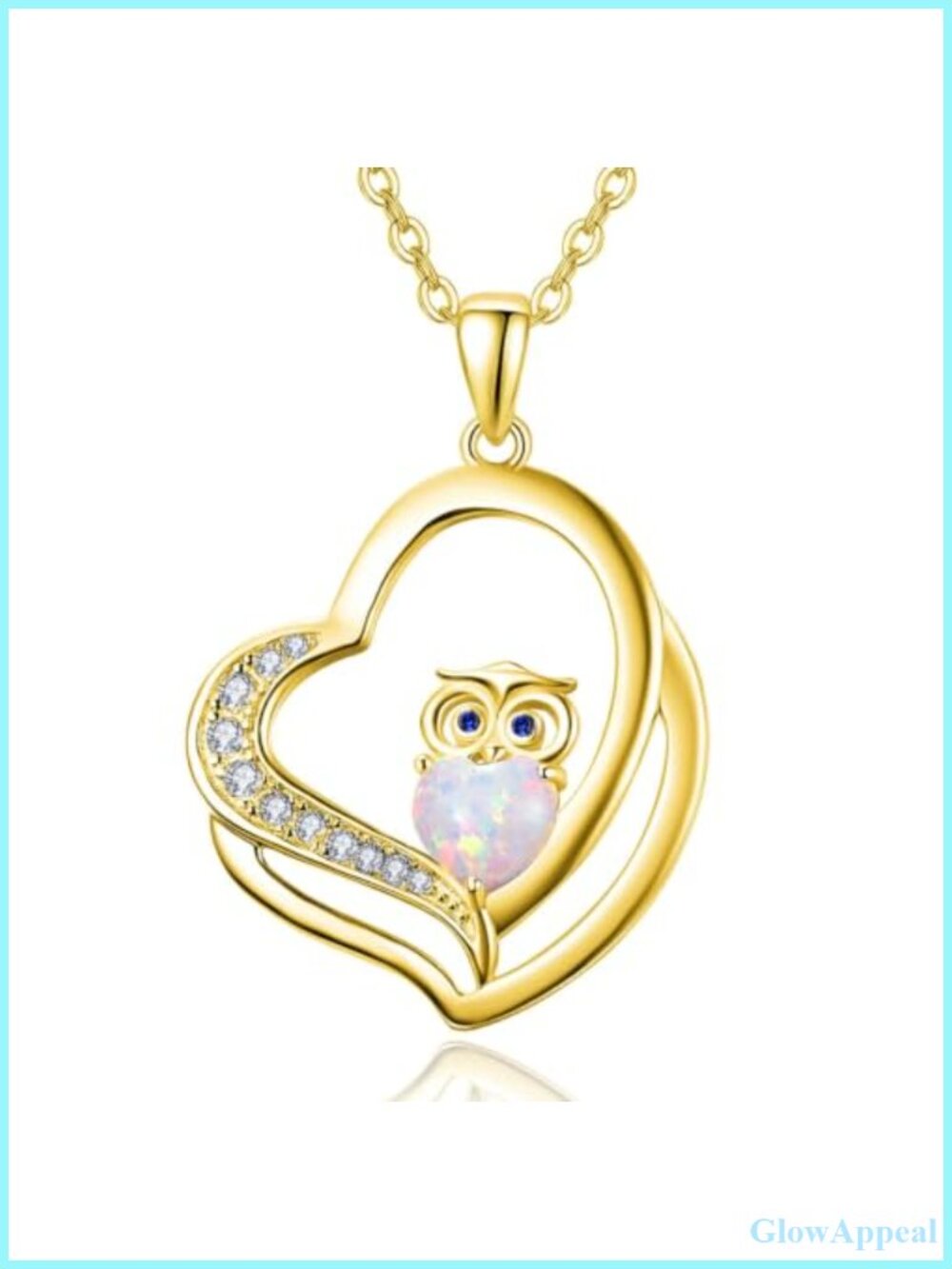 14K Gold Plated Opal Owl Heart Pendant Necklace Adjustable Chain